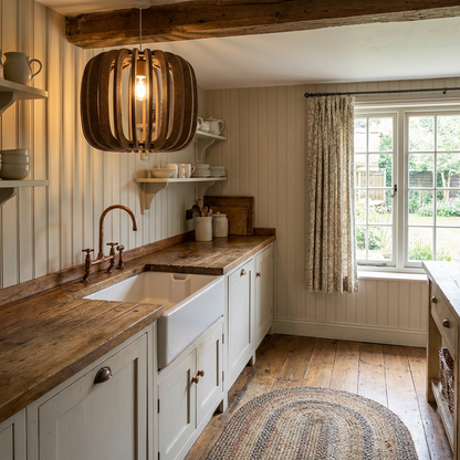Lamelle round brown pendant light over a farmhouse sink in a cottage kitchen