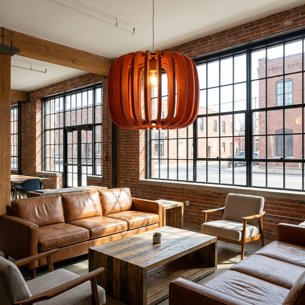 Lamelle round orange pendant light in a coworking space lounge with large windows