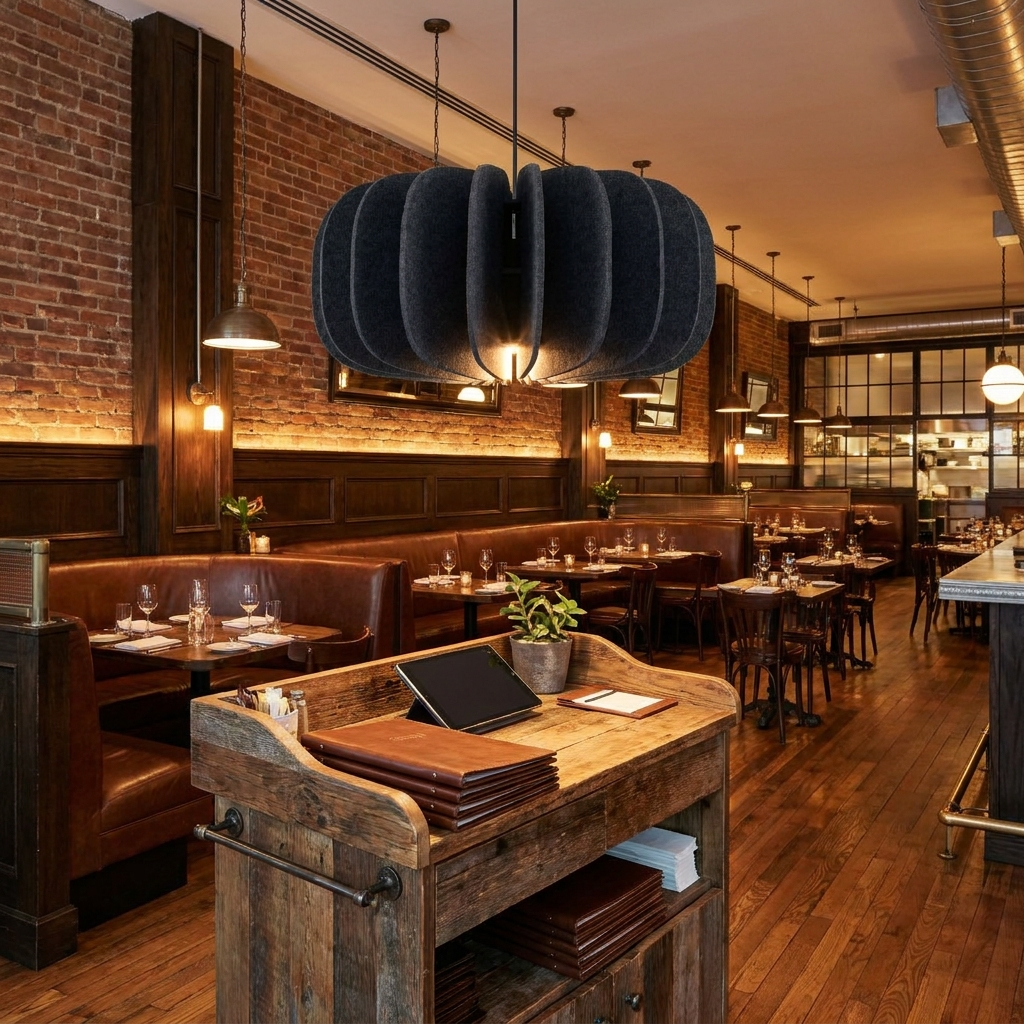Lamelle disc graphite pendant light over the host stand of an upscale bistro