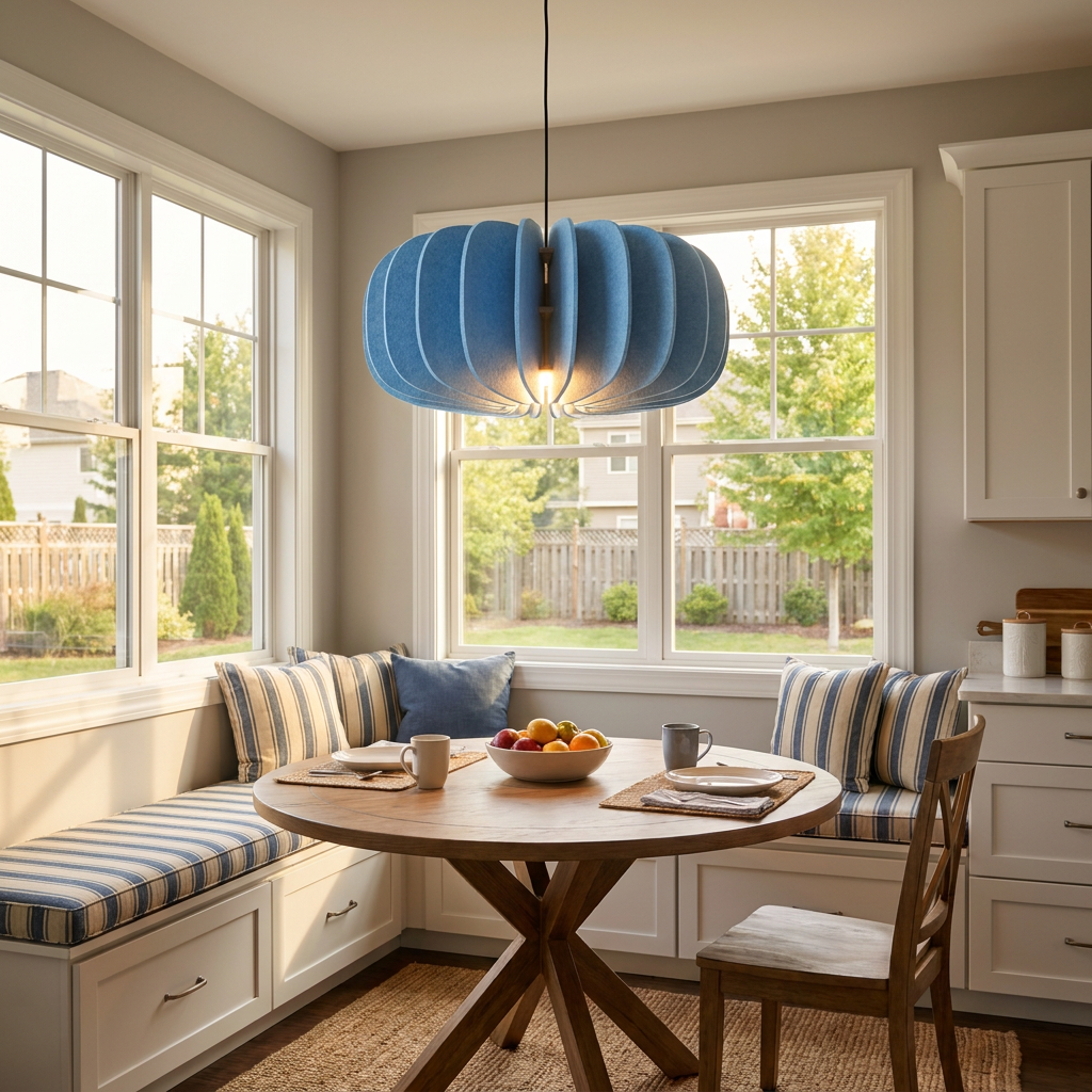 Lamelle disc sky blue pendant light above a breakfast nook in a sunlit suburban kitchen