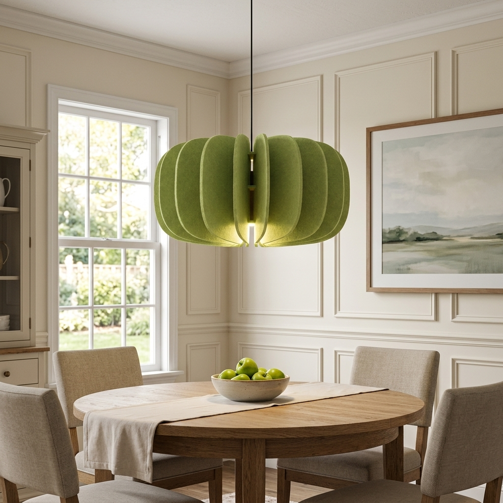 Lamelle disc sage green pendant light above a round oak dining table in a transitional suburban home