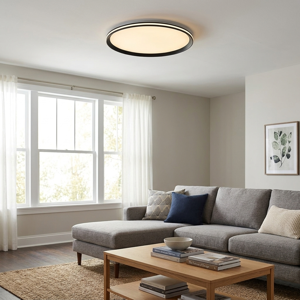 Clio black ceiling light in a bright transitional American living room with a sectional sofa