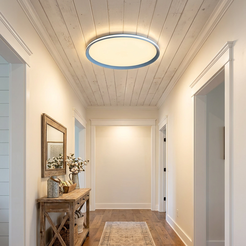 Clio blue ceiling light in the hallway of a modern farmhouse