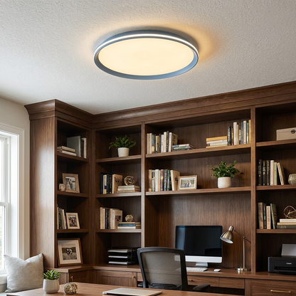 Clio blue ceiling light in a home office with built-in shelves