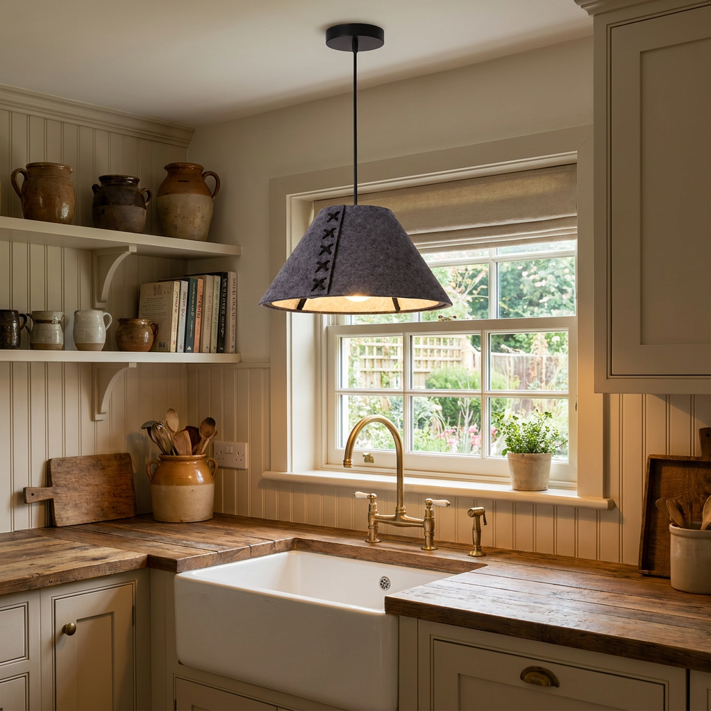 Feliciane dark gray pendant light over a farmhouse sink in a cottage kitchen