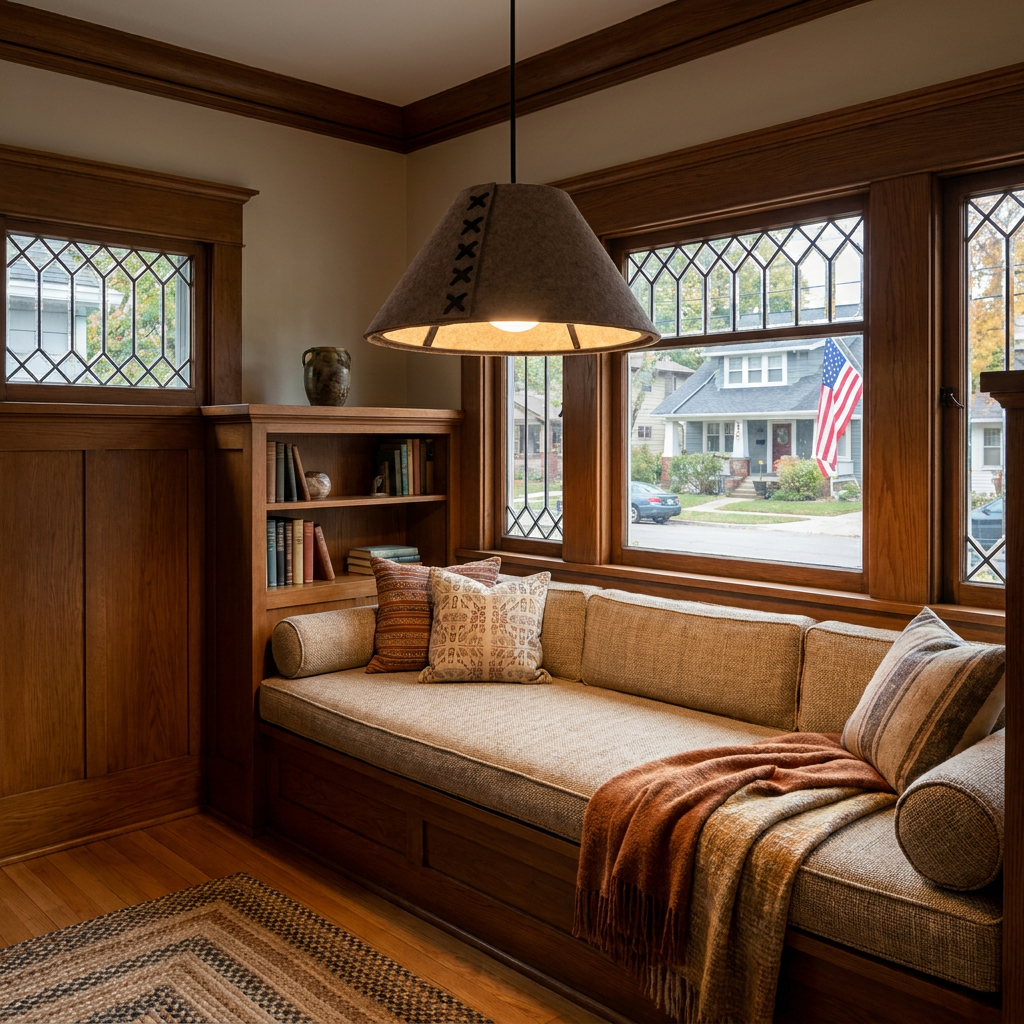 Feliciane dark brown pendant light above a reading nook bench in a craftsman bungalow