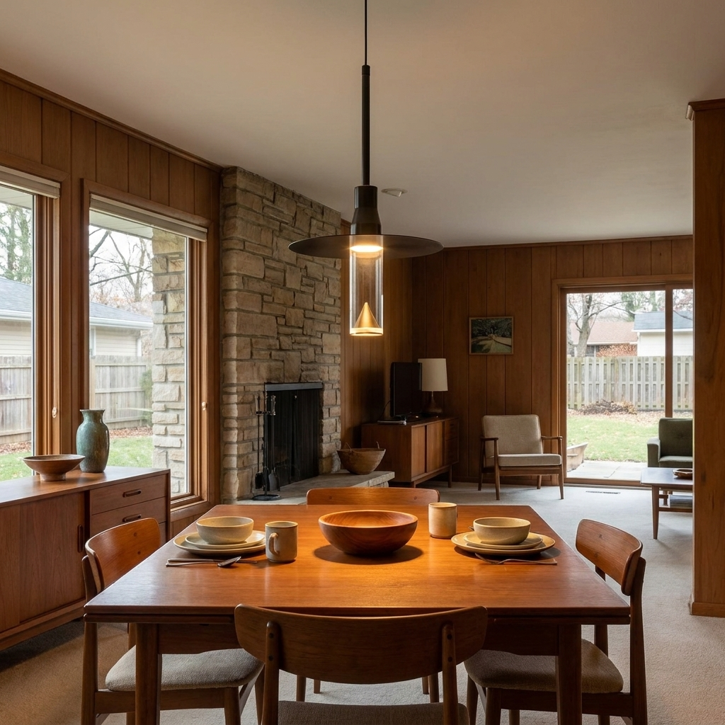 Capeline brim disc pendant light above the dining table of a mid-century ranch home