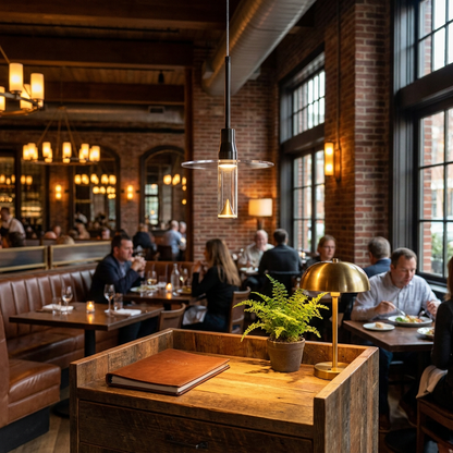 Capeline brim disc pendant light over the host stand of an upscale bistro