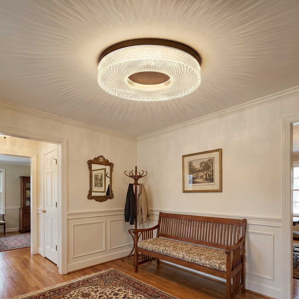 Aureole walnut ceiling light in the entryway of a colonial style home