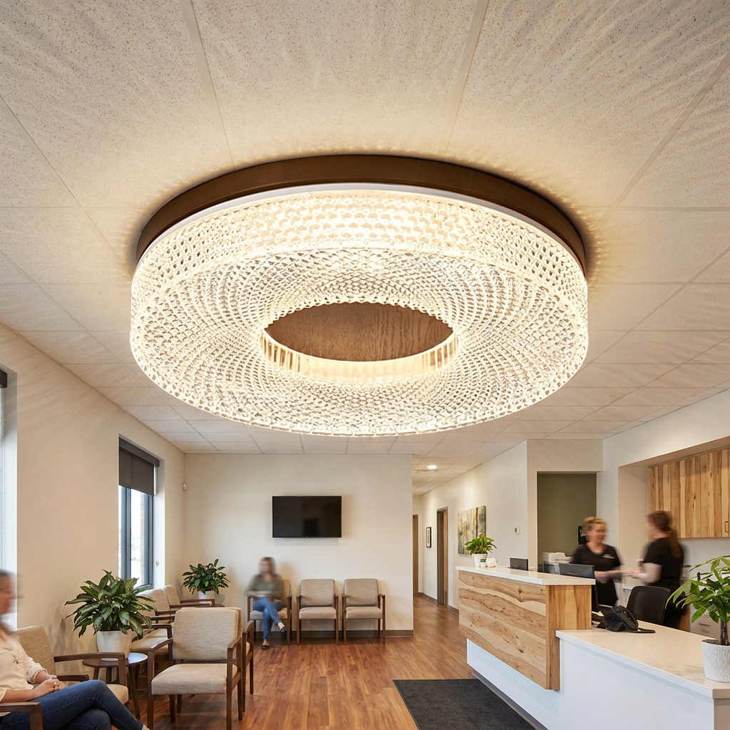 Aureole walnut ceiling light in the reception area of a modern American dental office