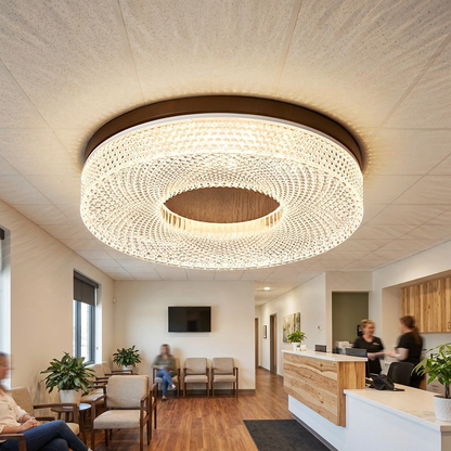 Aureole walnut ceiling light in the reception area of a modern American dental office