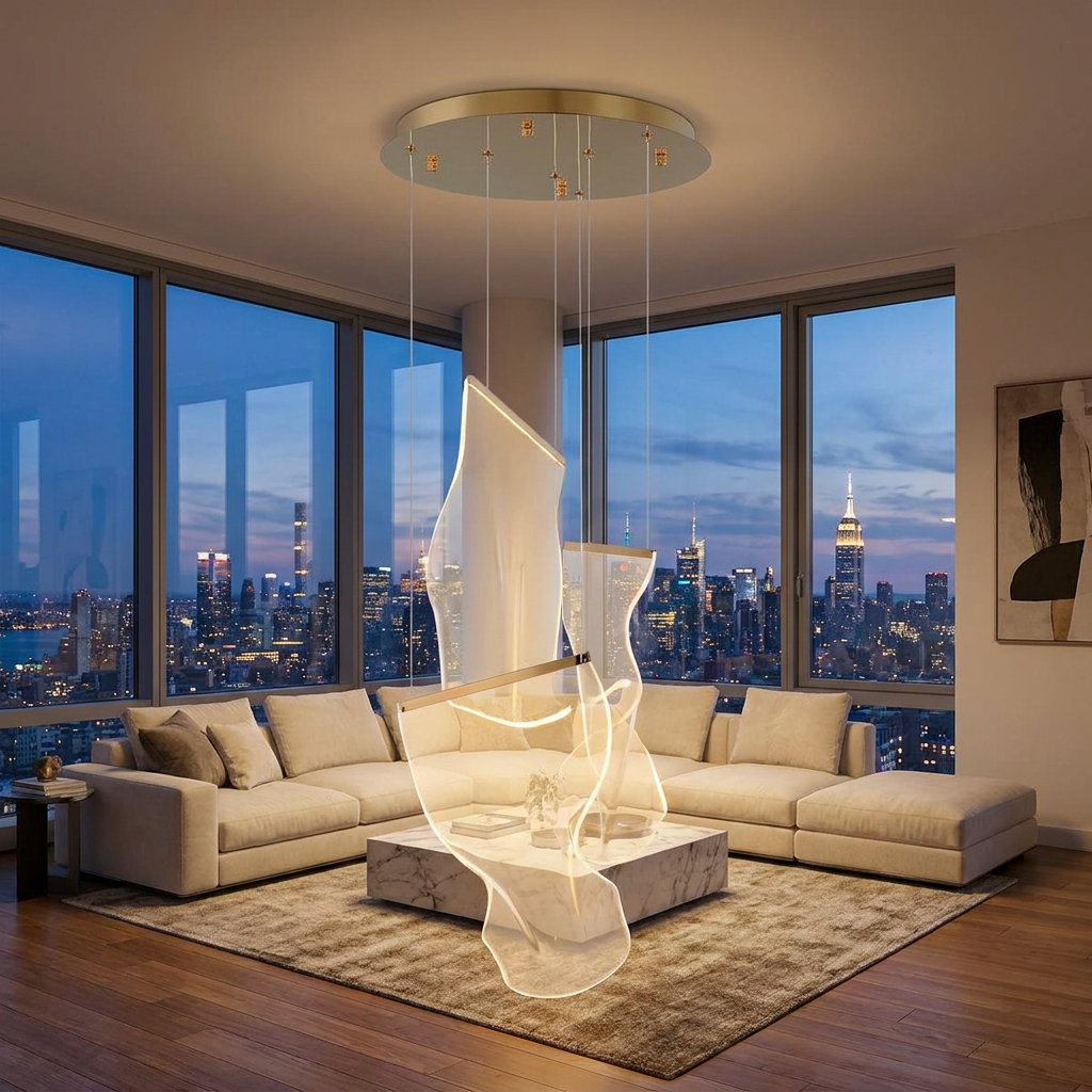 Cirrane 3 heads gold chandelier in a luxury condo living room with city skyline views