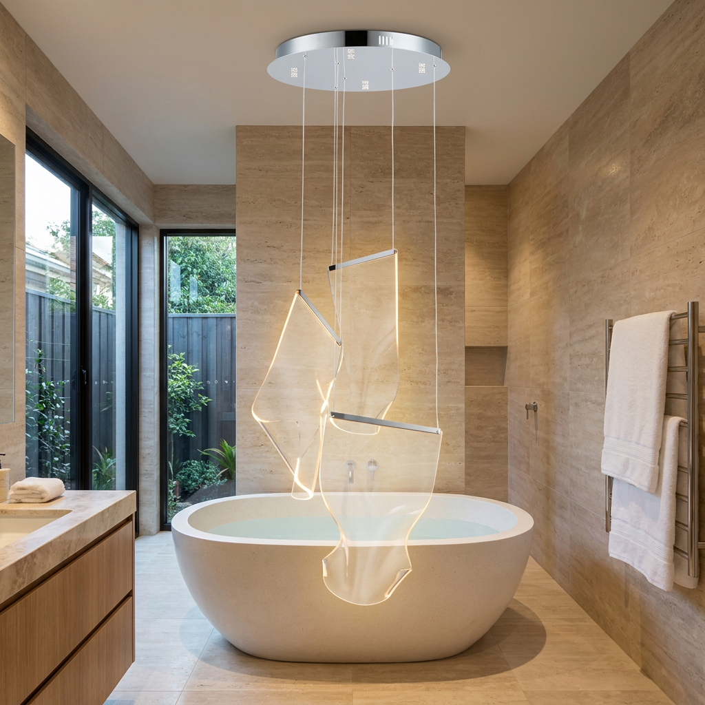 Cirrane 3 heads silver chandelier over a soaking tub in a spa style primary bathroom