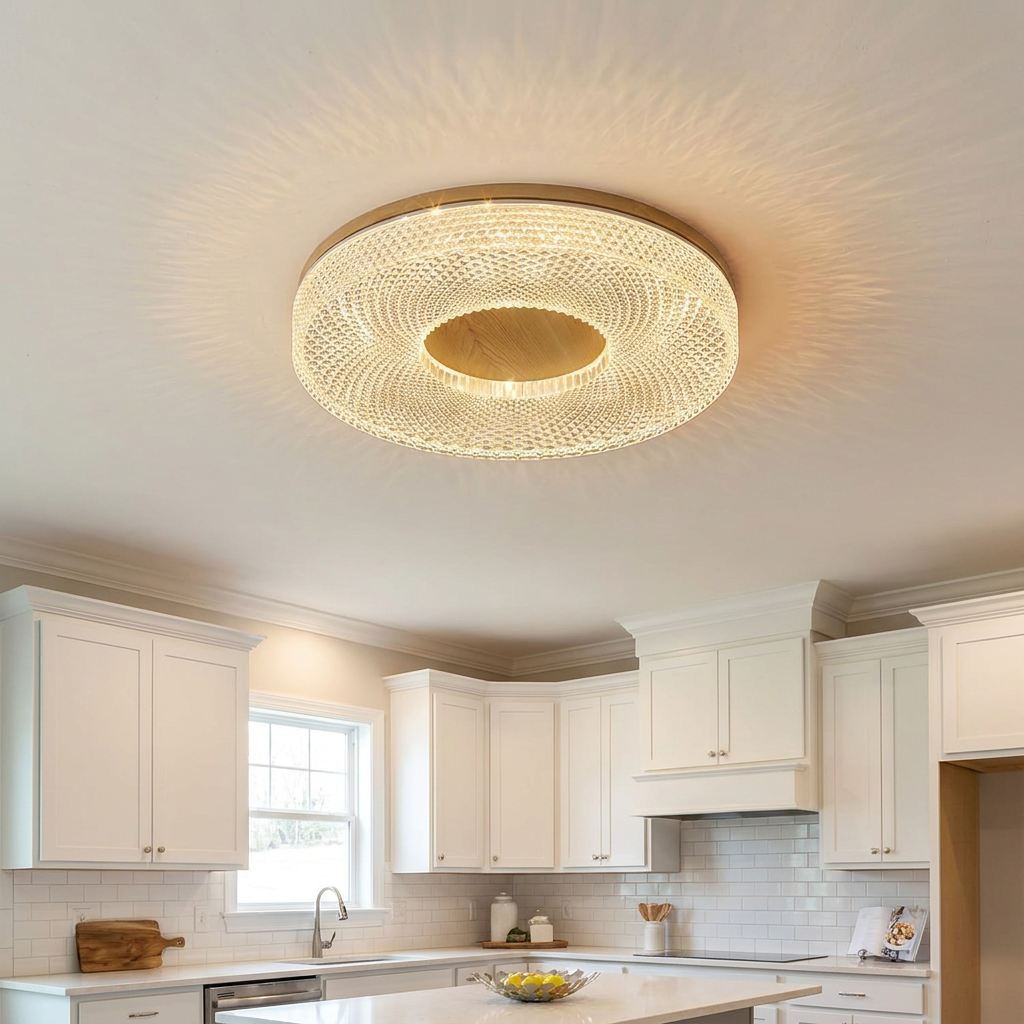 Aureole natural wood ceiling light in the kitchen of a newly built suburban home