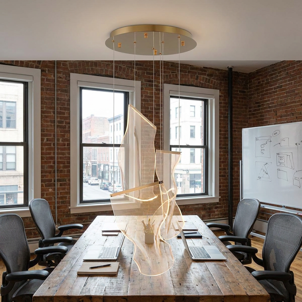 Cirrane 3 heads gold chandelier above a conference table in a creative agency office