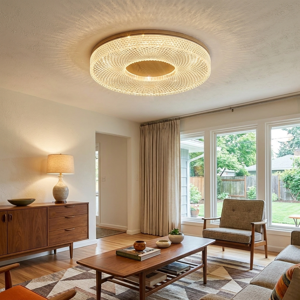 Aureole natural wood ceiling light in a mid-century modern living room with walnut furniture