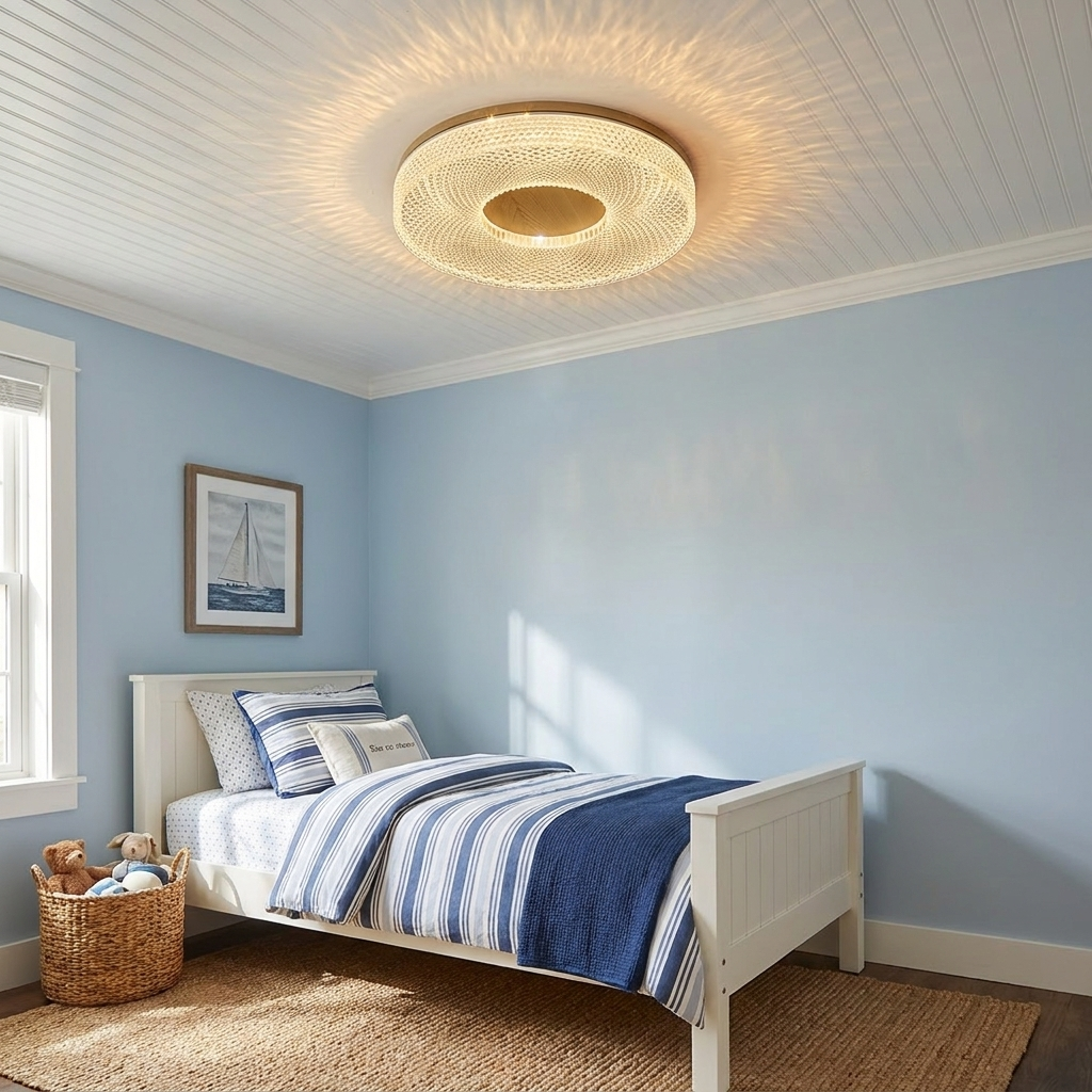 Aureole natural wood ceiling light in a coastal style kids bedroom