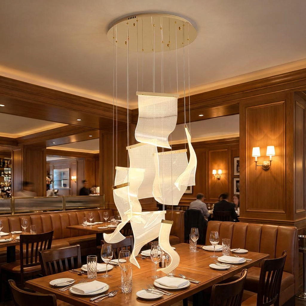 Cirrane 8 heads gold chandelier above the dining area of a fine dining restaurant