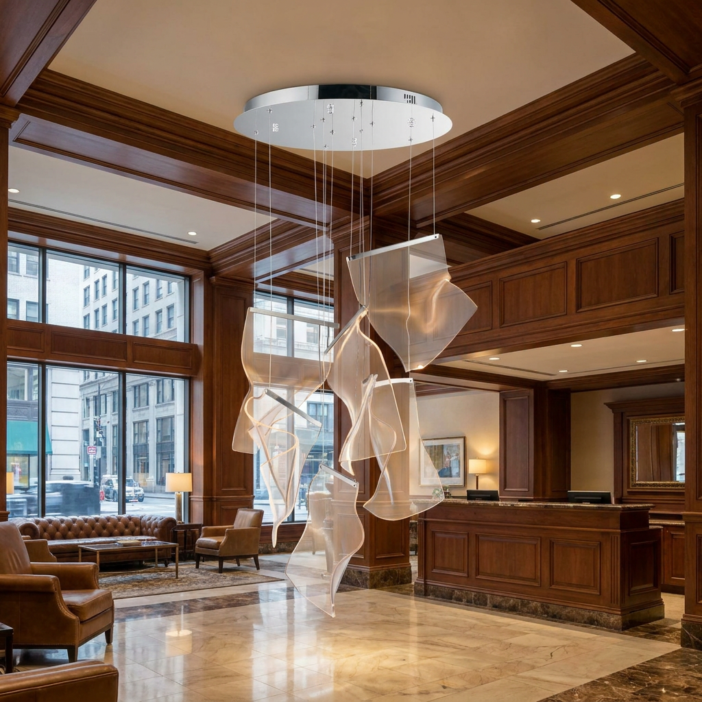 Cirrane 6 heads silver chandelier in the lobby of an upscale downtown hotel