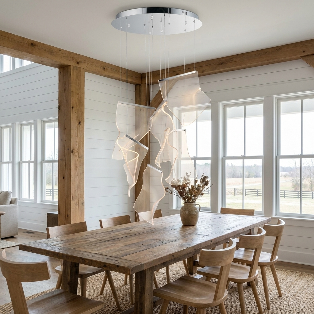 Cirrane 6 heads silver chandelier over a long dining table in a modern farmhouse