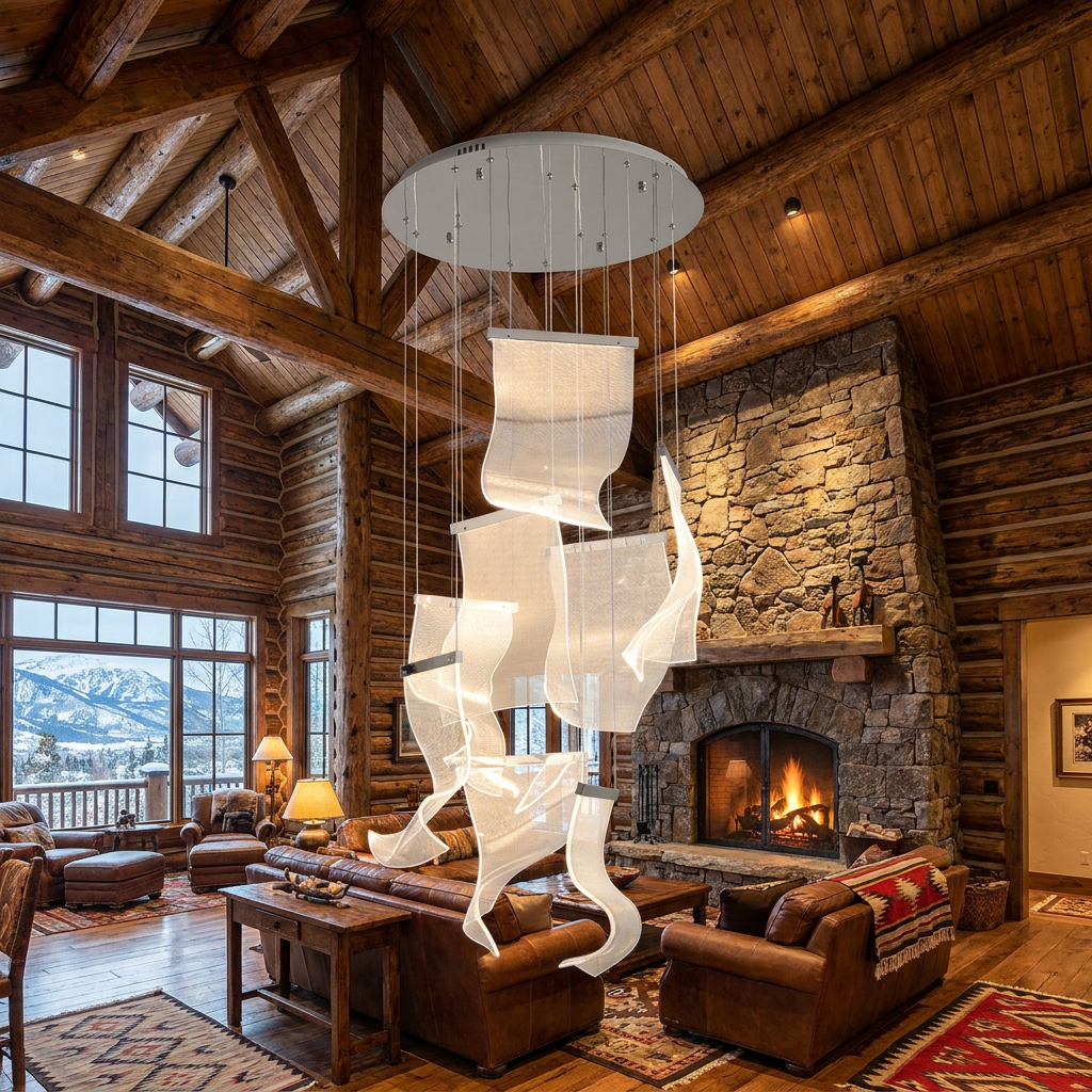 Cirrane 8 heads silver chandelier in the great room of a mountain lodge style home in Colorado