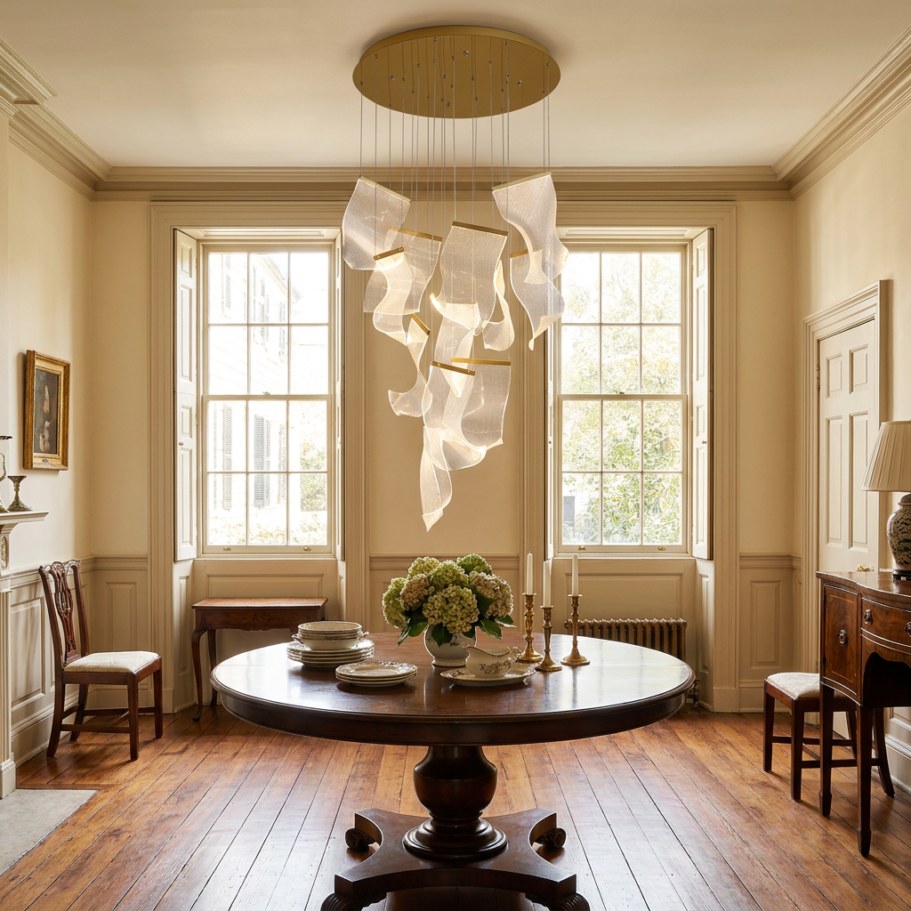 Cirrane 12 heads gold chandelier over a round pedestal table in a Charleston single house dining room