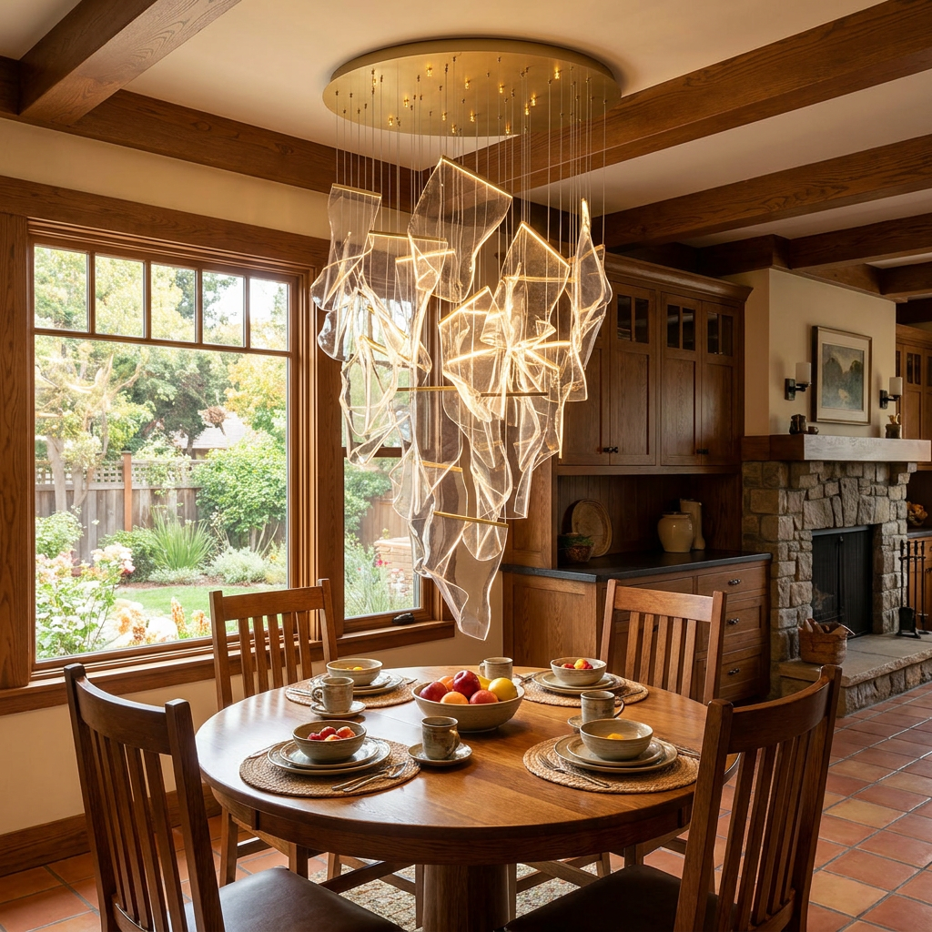 Cirrane 18 heads gold chandelier over a breakfast table in a California craftsman kitchen