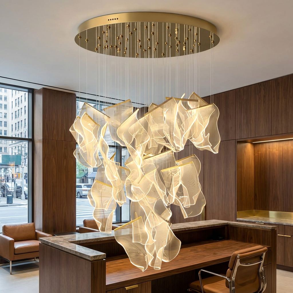 Cirrane 28 heads gold chandelier over a reception desk in a Manhattan law firm