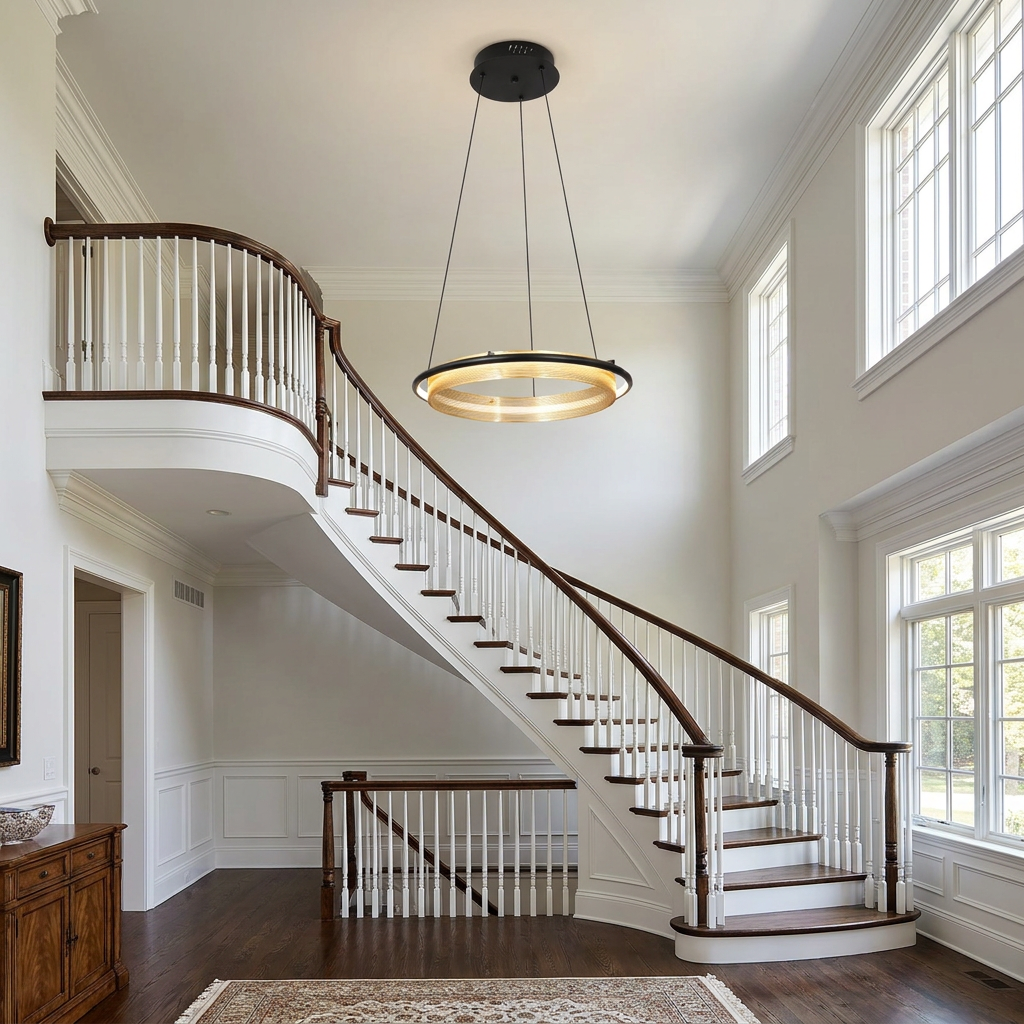Orbita single ring 15.7 inch chandelier in the double height foyer of a modern American colonial home with a curved staircase
