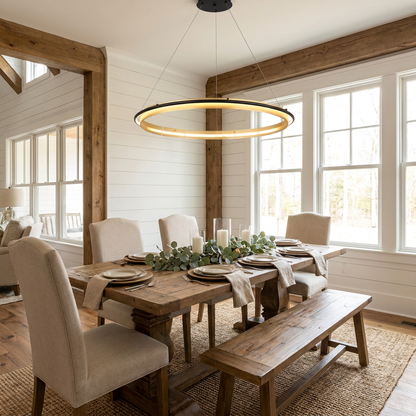 Orbita single ring 23.6 inch chandelier over a long dining table in a modern farmhouse
