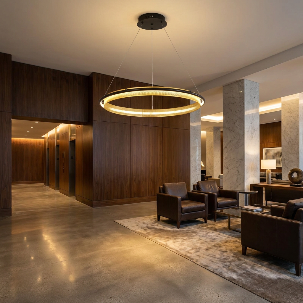 Orbita single ring 31.5 inch chandelier in the lobby of an upscale downtown hotel