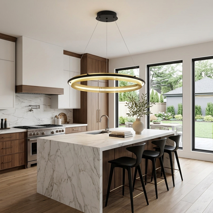 Orbita single ring 39.4 inch chandelier over a kitchen island in a newly built luxury home
