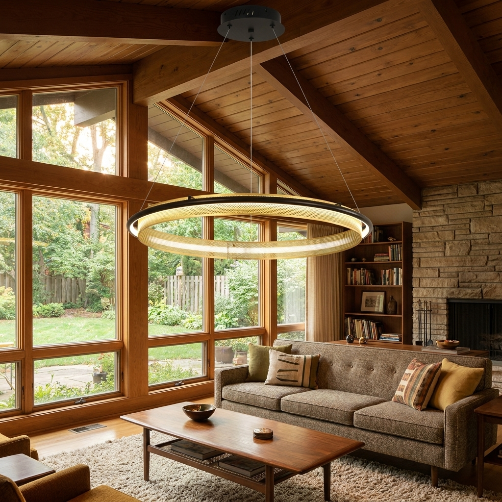 Orbita single ring 39.4 inch chandelier in the living room of a mid-century modern house with high ceilings