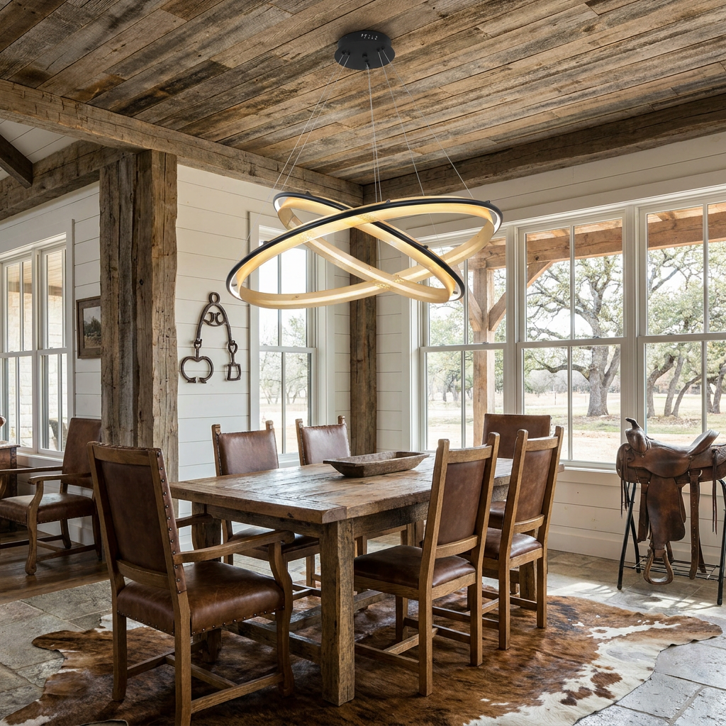Orbita 2 tier large chandelier above a farmhouse dining table in a renovated Texas ranch house