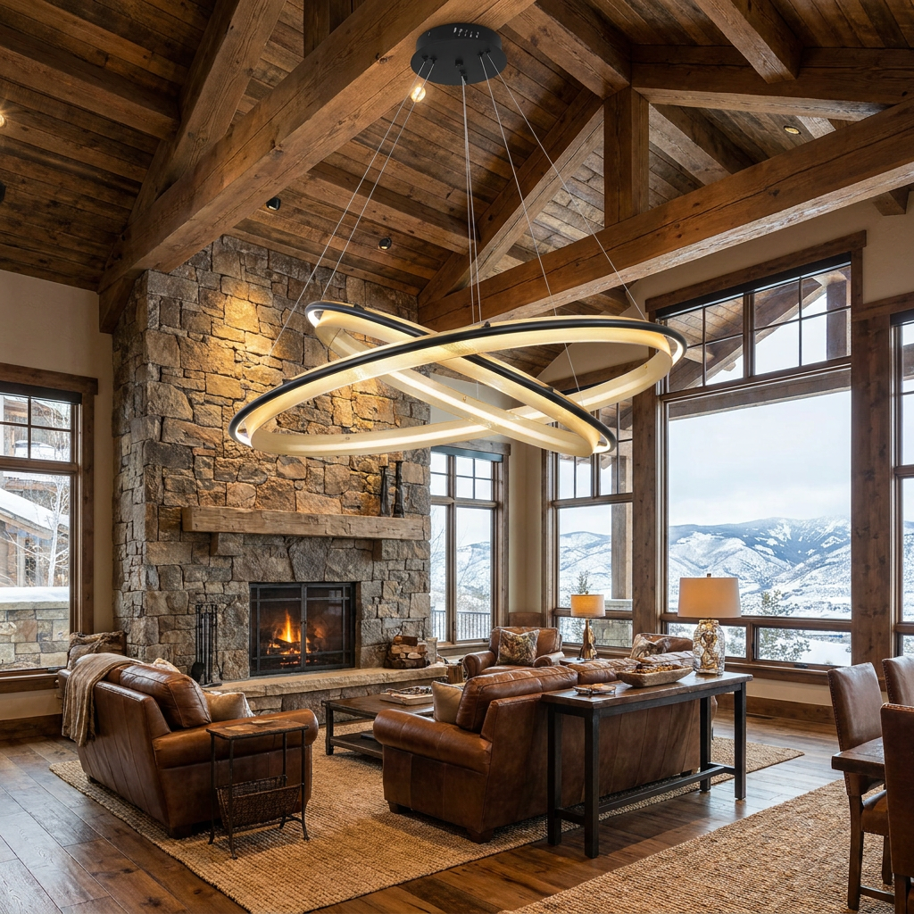 Orbita 2 tier large chandelier in the great room of a mountain lodge style home in Colorado