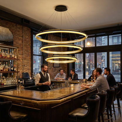 Orbita 3 tier large chandelier above the bar of a downtown Chicago cocktail lounge