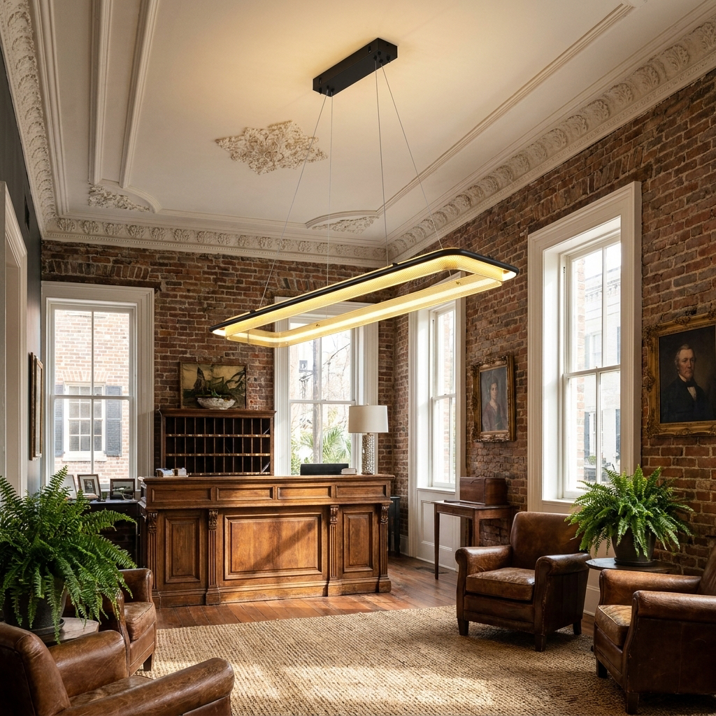 Orbita linear 35 inch chandelier in the lobby of a boutique hotel in Savannah