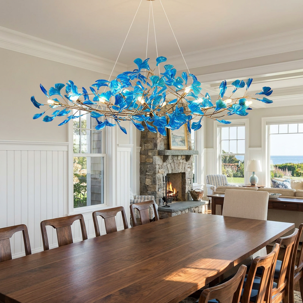 Ginevra royal blue chandelier above a long walnut dining table in a Hamptons shingle style home