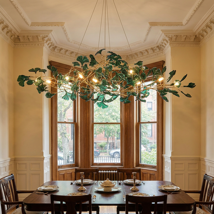 Ginevra dark green chandelier in a Boston Back Bay townhouse dining room with crown molding