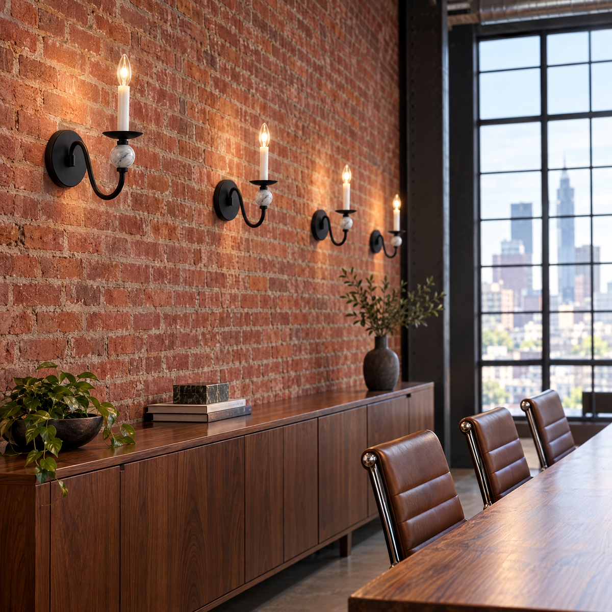 Brisa marble ball wall sconce in Matte Black on a brick wall in an office conference room