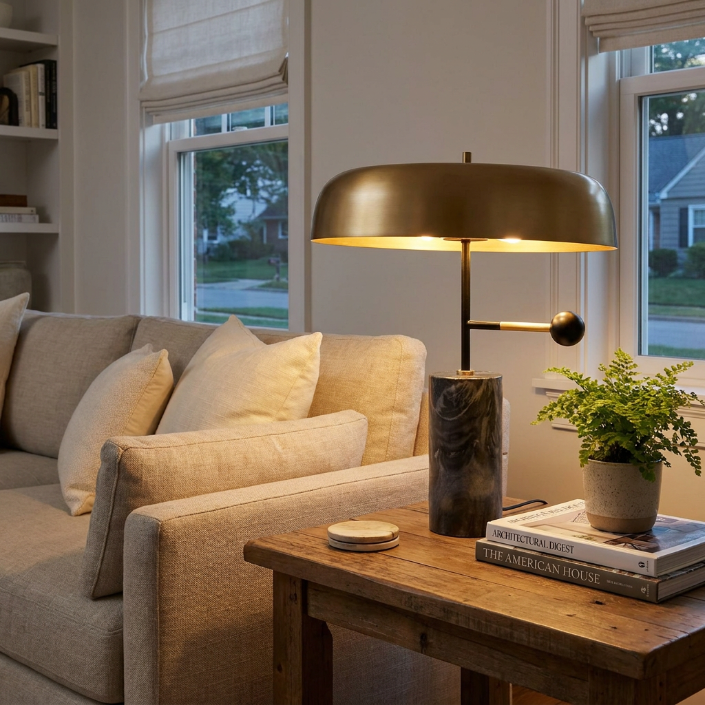Barclay marble table lamp with gold dome shade on an end table in a suburban living room