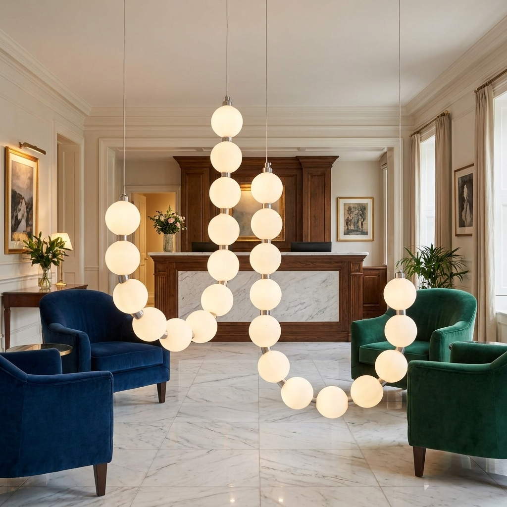 Nacre pearl chandelier in a boutique hotel lobby