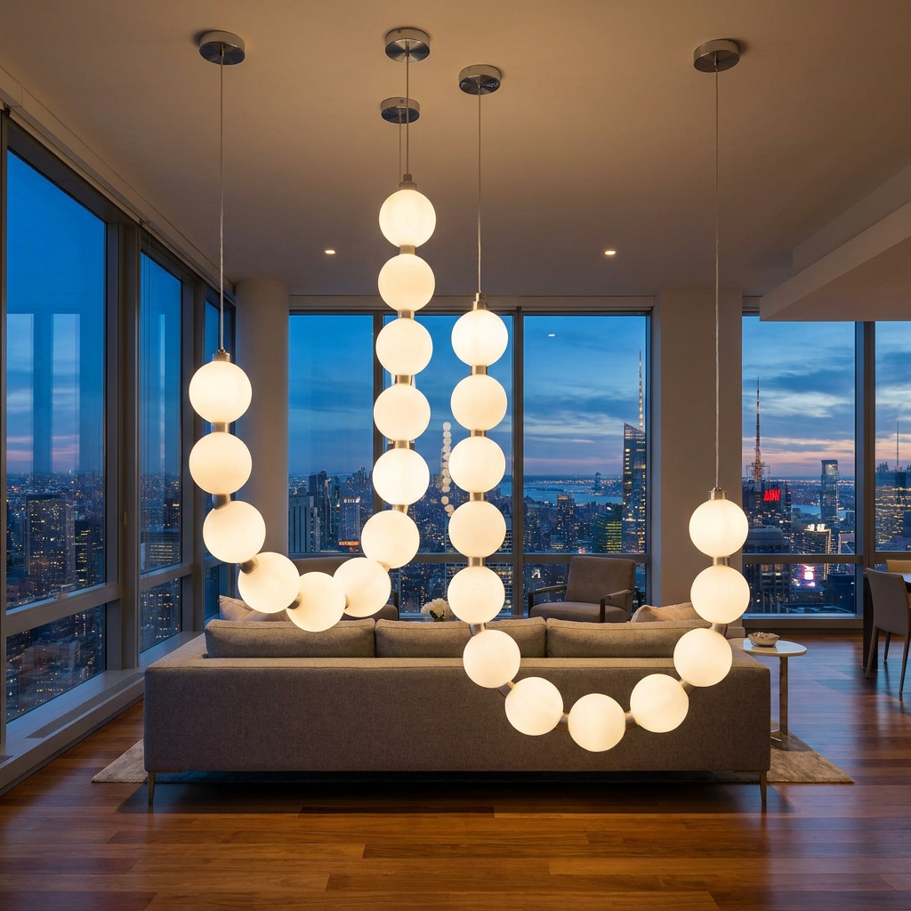 Nacre pearl chandelier in a Manhattan apartment living room