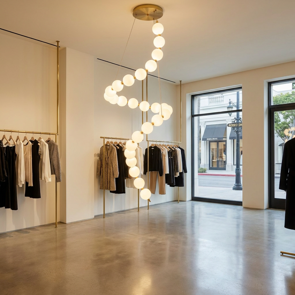 Nacre tall spiral pearl chandelier in a luxury retail boutique