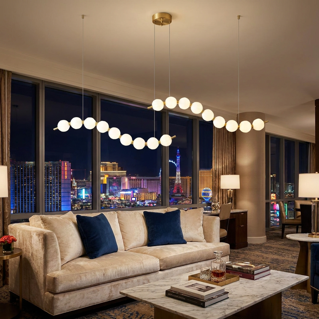 Nacre double strand linear pearl chandelier in a hotel suite sitting area