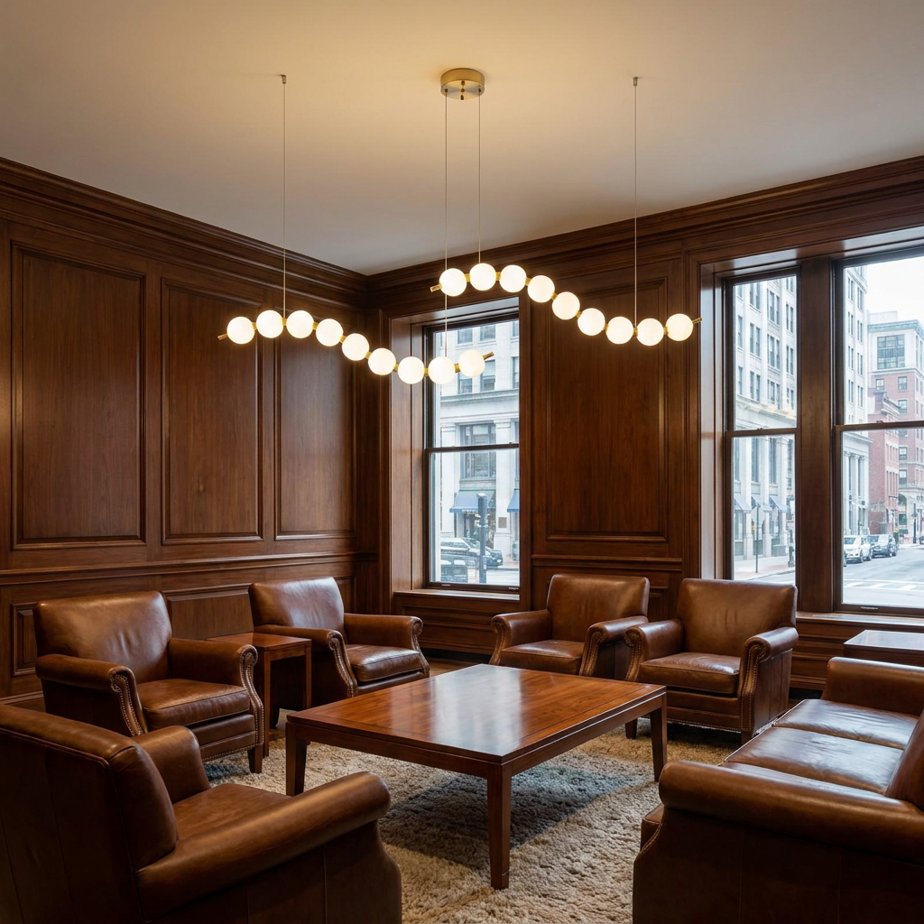 Nacre double strand linear pearl chandelier in a law firm reception