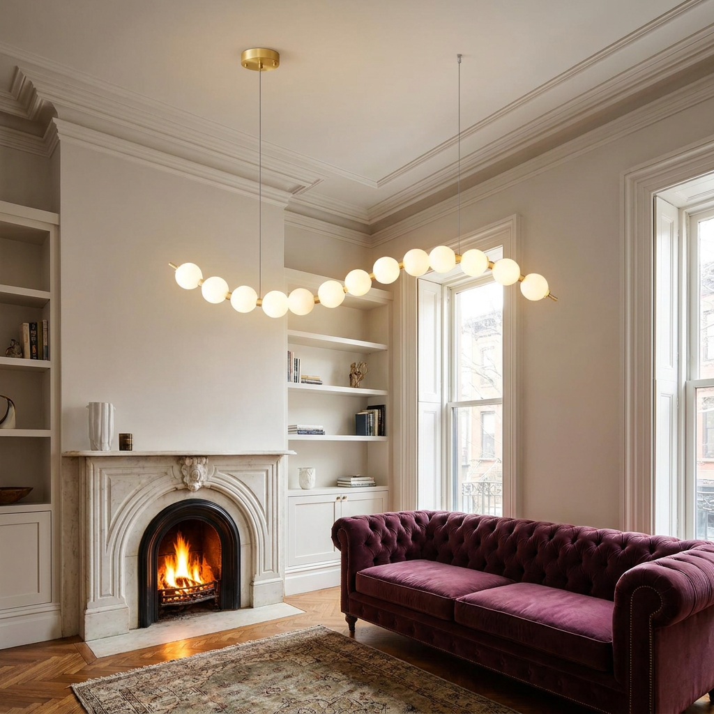 Nacre linear wave pearl chandelier in a Brooklyn brownstone parlor