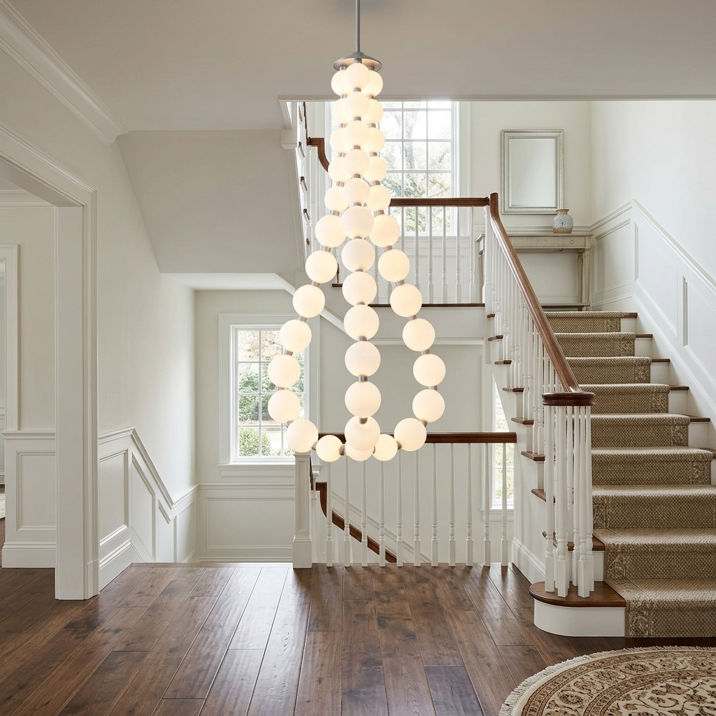Nacre teardrop shaped pearl chandelier in a two story foyer of a colonial home