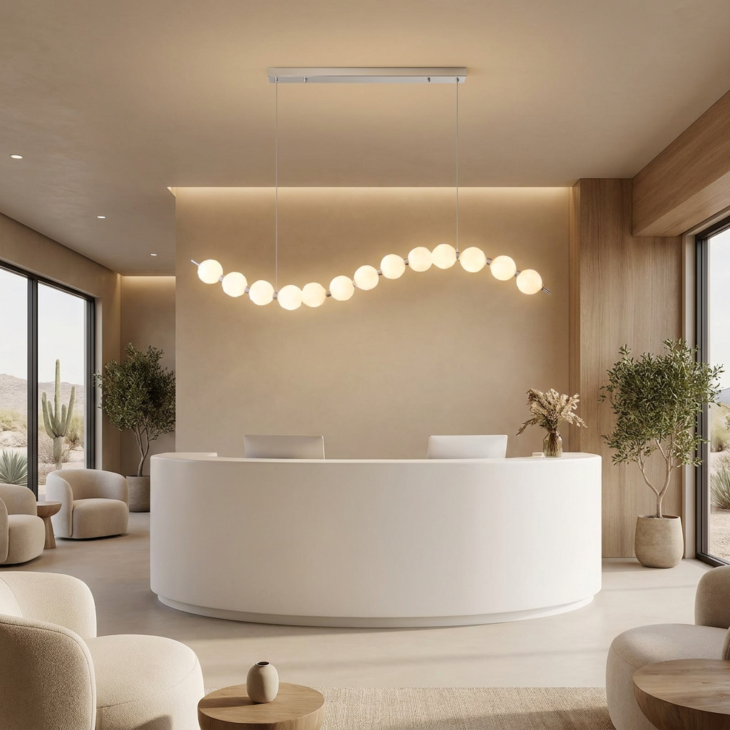 Nacre linear wave pearl chandelier in a medical spa reception