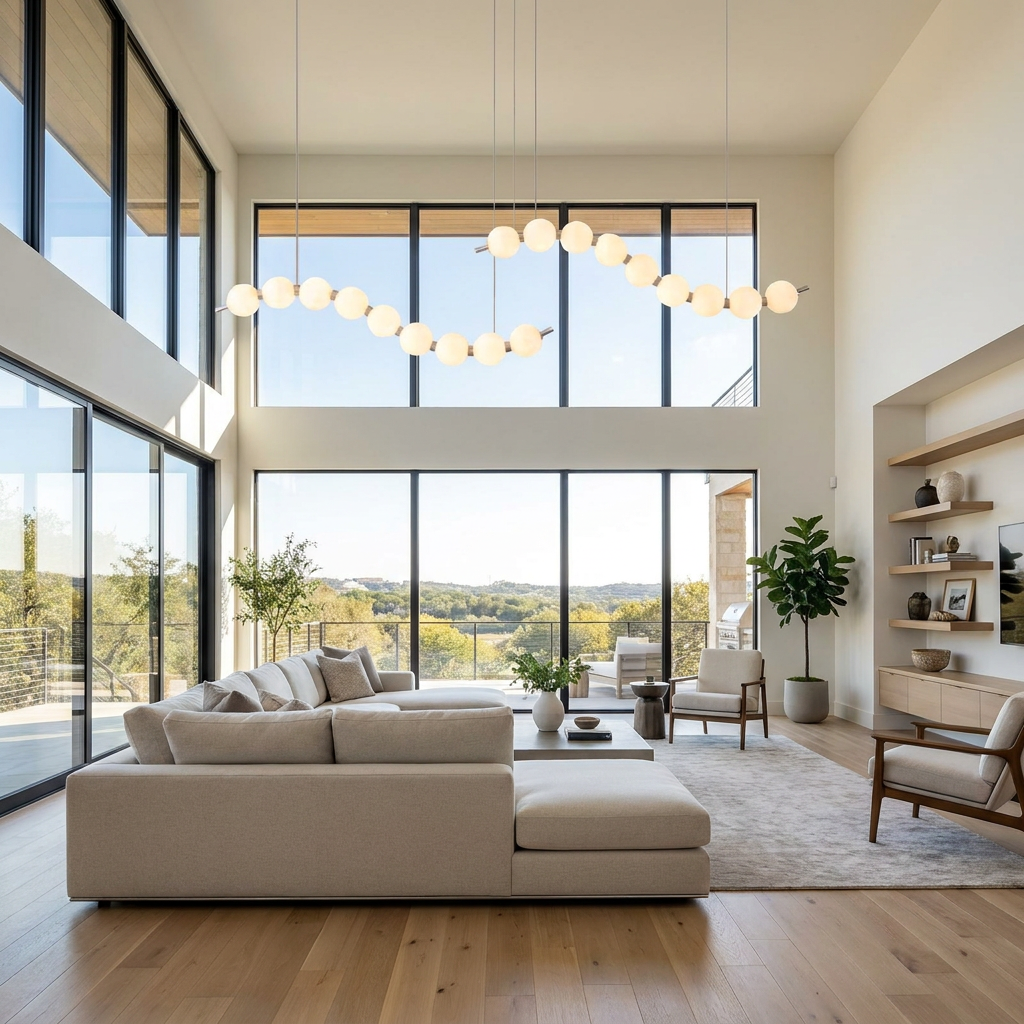 Nacre double strand linear pearl chandelier in a modern Austin living room